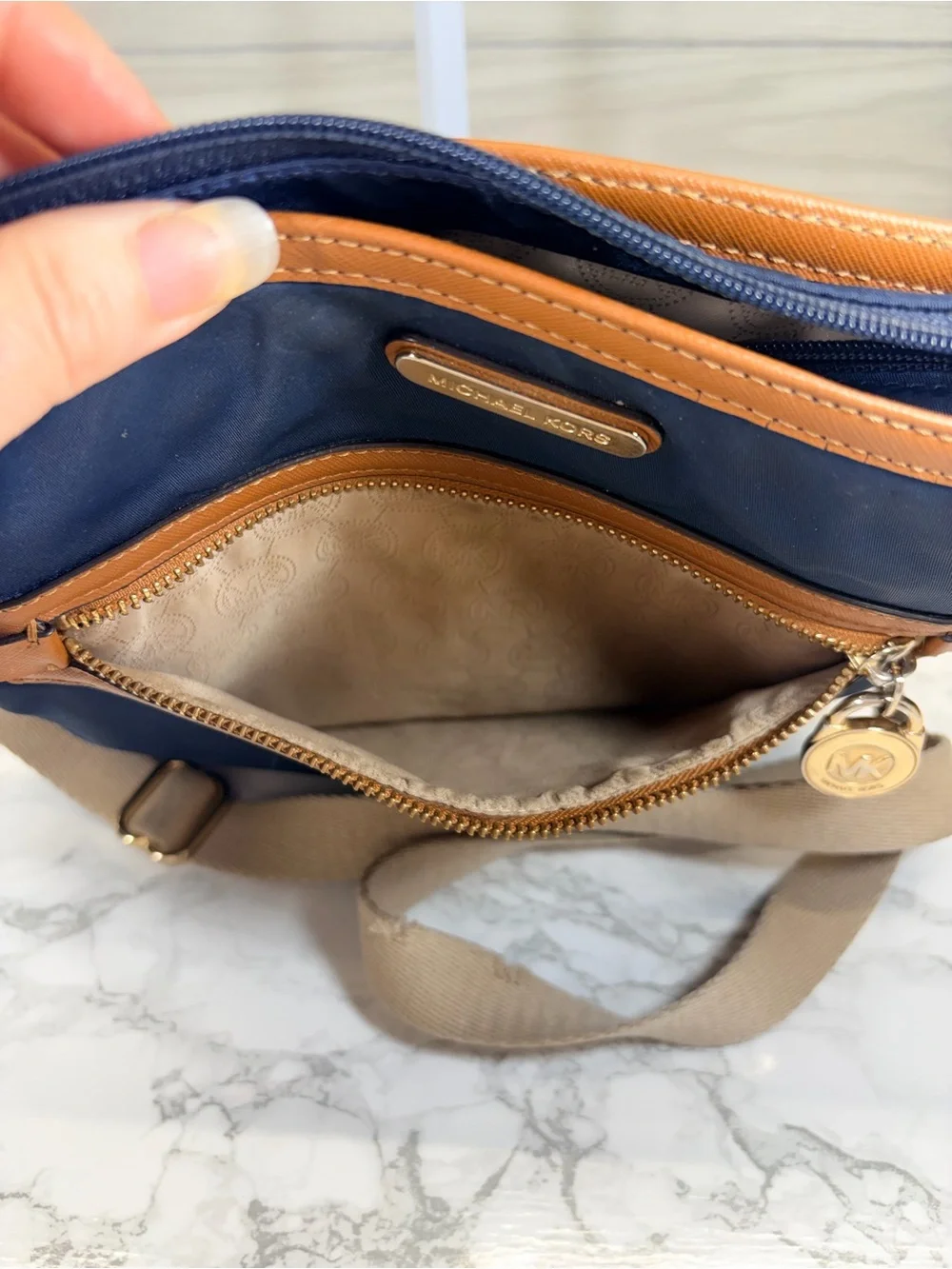 Michael Kors Navy Crossbody with Tan Trim and Gold Accents